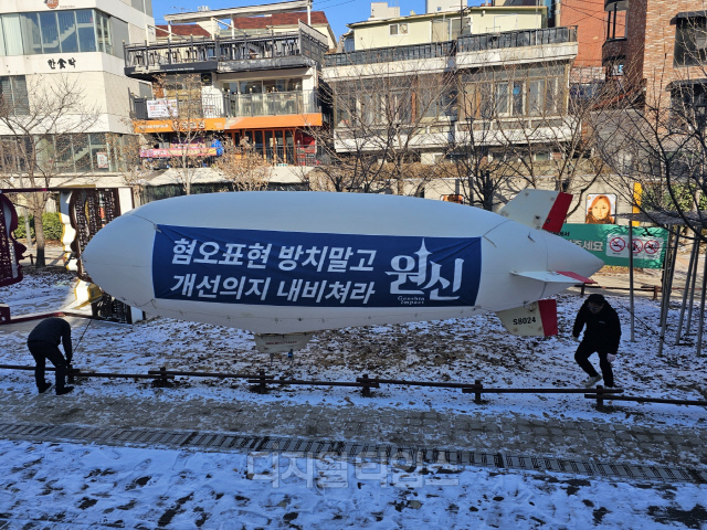비행선이 시위를 마치고 공원에 내려왔다. 김영욱 기자